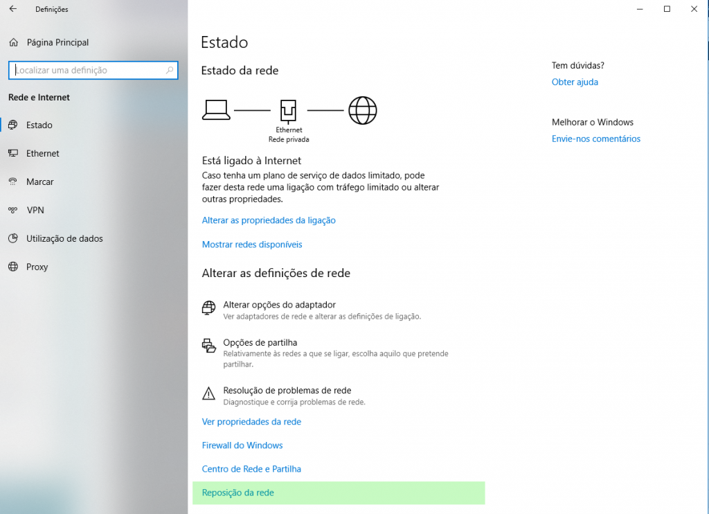 Reposição (reset) da Rede em Windows 10